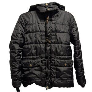 Boys Black Puffer Jacket Sz 8 S Zip Front Toggle Buttons Removable Hood Pockets